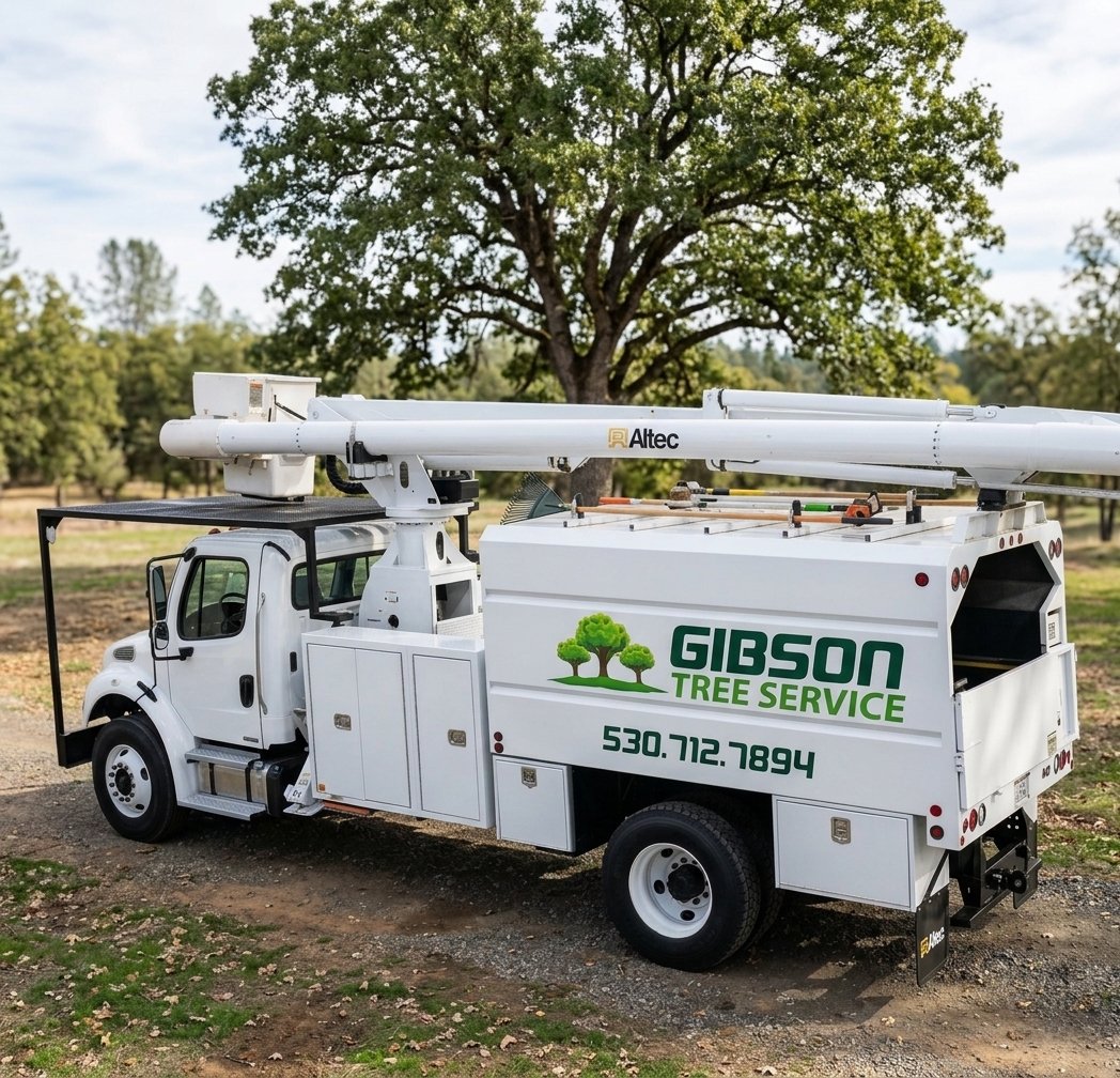 Gibson Tree Service white bucket truck ready for tree work
